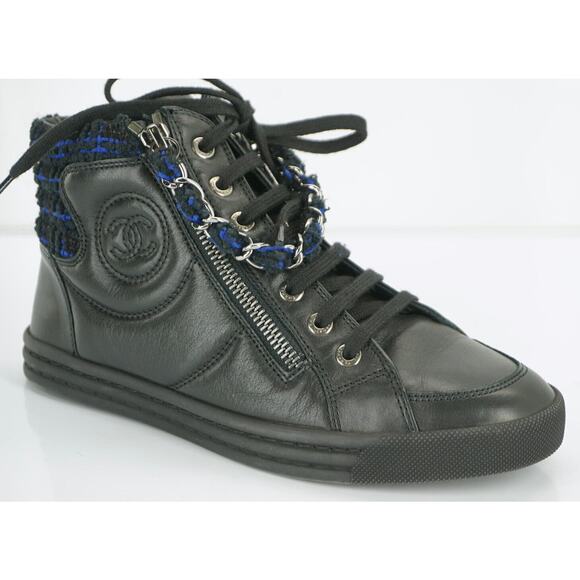 Chanel Black Leather XL CC Logo High Top Sneaker SZ 35 Chain Zip Tweed $1025 New - Picture 1 of 10